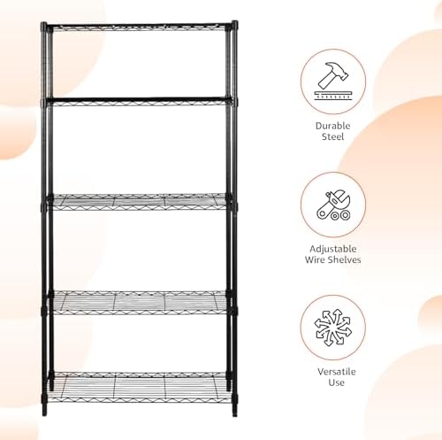 Amazon Basics 5-Shelf Adjustable Heavy Duty Steel Wire Rack Storage Shelving Organizer for Kitchen, Garage, 36" L x 14" W x 72" H, Black