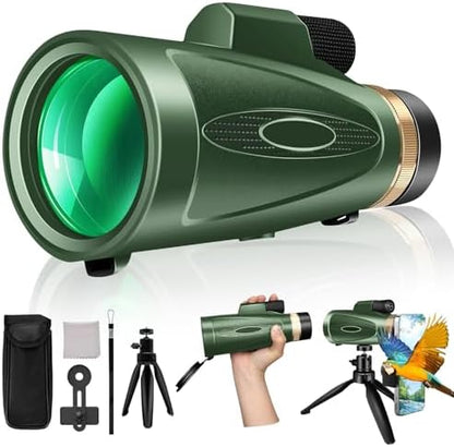 Monocular Telescope 80x100 High Power with Smartphone Adapter Tripod,Larger Vision Monoculars for Adults with BAK4 Prism & FMC Lens, Suitable for Bird Watching Hunting Hiking Camping Wildlife-Green