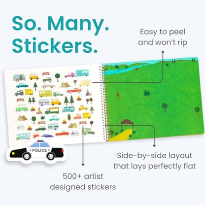 CUPKIN Sticker Book for Kids 2-4, 500+ Kids Stickers, Cars, Trucks, Planes & Trains 12 Coloring Pages 12 Side by Side Scenes, Fun Toddler Travel Activity Coloring and Sticker Books for Ages 4-8 + 8-10