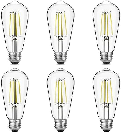 Vintage LED Edison Bulbs, 6W, Equivalent 60W, High Brightness Daylight 5000K, ST58 Antique LED Filament Bulbs with 90+ CRI, E26 Medium Base, Dimmable, Clear Glass, Pack of 6