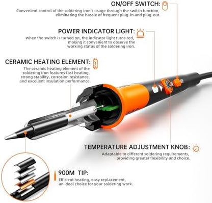 Soldering Iron Premium Kit, 60W Soldering Gun with Ceramic Heater, 12-in-1 Soldering Tool, Adjustable Temperature 200 to 450°C, Includes Soldering Iron Tip, Solder Wire, Pump and Paste