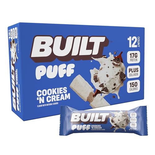 Built Bar, Puff Protein Bars, Cookies 'N Cream Puff, 17g Protein Snacks, On-The-Go Bars, Only 140 Calories, 7g Sugar, Collagen, Not Gluten Free, 12 Count