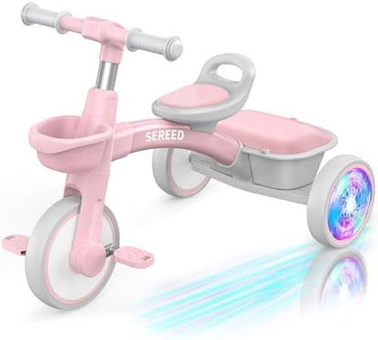SEREED Colorful Lighting Toddler Tricycle for 2-5 Years Old Girls, Adjustable Seat&Handlebar Trike, Removable Basket, Birthday Gift Idea for Kids Ages 2+ (Pink)
