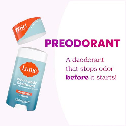 Lume Whole Body Deodorant - Smooth Solid Stick - 72 Hour Odor Control - Aluminum Free, Baking Soda Free and Skin Safe - 2.6 Ounce (Pack of 2) (Unscented)