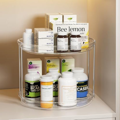 LAMU 2 Pack 2 Tier Lazy Susan Turntable Organizer 9.25'' Rotating Spice Rack Organization for Cabinet, Kitchen, Pantry, Countertop, Bathroom, Vanity, Medicine Cabinet Organizer, Clear