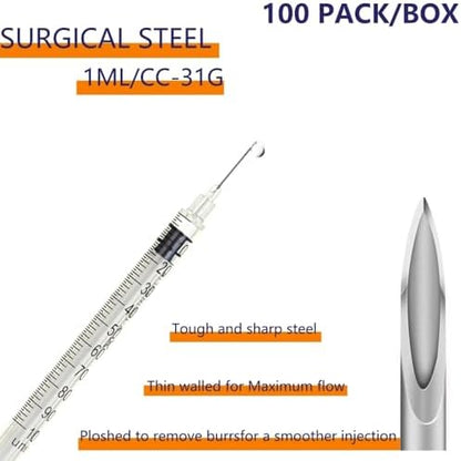 100 Pack 1ml/cc 31Ga Lab Supplies, Individually Package