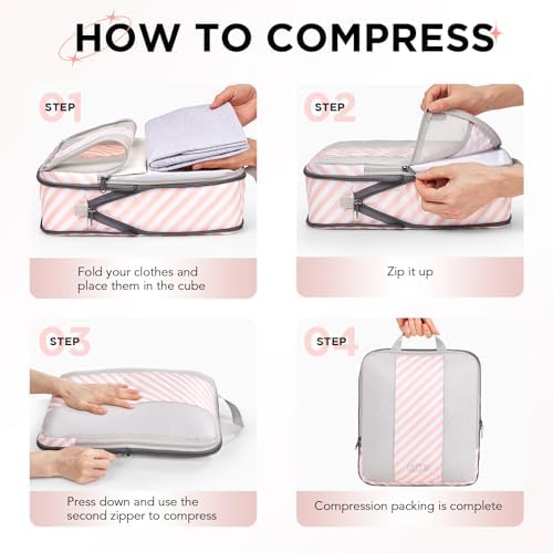 8 Set Compression Packing Cubes for Travel Essentials,Compressible Expandable Packing Cubes for Suitcase,OlarHike Luggage Organizer Bags for Travel,Handy Helper for Organizing Clothes(Pink Stripped)