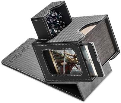 Card Deck Box for MTG Commander - Patented Design, Commander Display, Fits 100 Double-Sleeved Cards, 35pt Card Brick & Dice Tray - Black/Gray