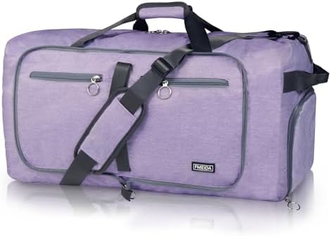 Fmeida 65L Duffle Bag with Shoes Compartment, Foldable Travel Duffel Bags for Men Women, Large Packable Travel Bag Water Repellent & Tear Resistant (Purple)
