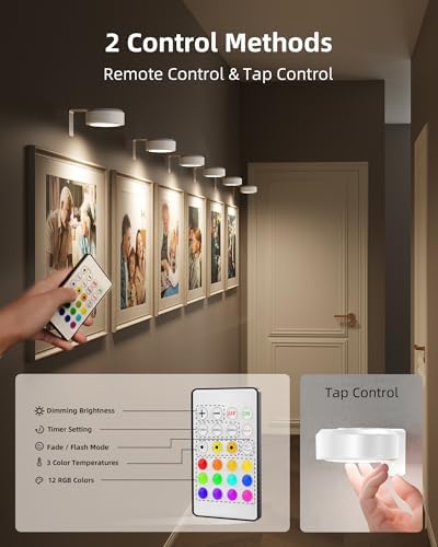 EZVALO Picture Lights for Wall, 2000mAh Rechargeable Battery Magnetic Poster Lights with 3 Color Temps & 12 RGB, Remote Dimmable Timer Painting Light, Wall Decor Light for Art Display, Frame (3 Pack)