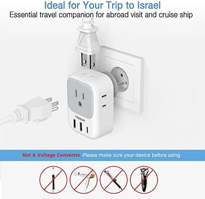 TESSAN Israel Power Adapter, US to Israel Plug Adapter with 4 American Outlets 3 USB Charger (1 USB C Port), Type H Travel Adaptor for USA to Jerusalem