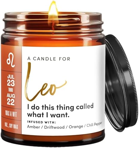 WAX & WIT Leo Zodiac Candle Astrology July August Birthday Gifts for Women, Leo Zodiac Gifts for Women 50 Hour Burn Time 9oz