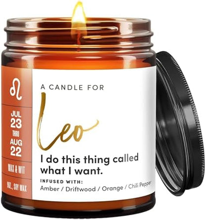 WAX & WIT Leo Zodiac Candle Astrology July August Birthday Gifts for Women, Leo Zodiac Gifts for Women 50 Hour Burn Time 9oz