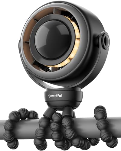 SWEETFULL Baby Stroller Fan - 4000mAh Rechargeable 4-Speed Quiet with LED Display & Night Light, Mini Portable 360° Clip On Safe Fan for Car Seat, Crib, Travel - Black