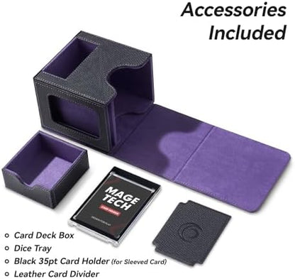 Card Deck Box for MTG Commander - Patented Design, Commander Display, Fits 100 Double-Sleeved Cards, 35pt Card Brick & Dice Tray - Black/Purple