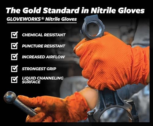 GLOVEWORKS Heavy-Duty Nitrile Gloves, Disposable, Latex Free, 8 Mil, Orange, Diamond Grip Glove
