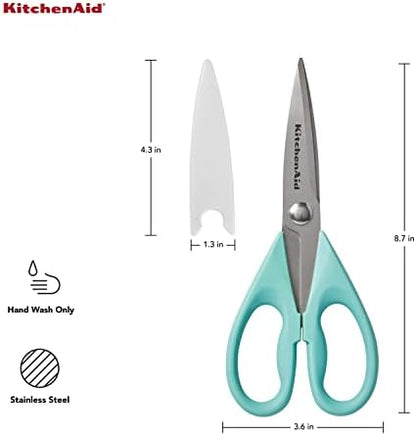 KitchenAid All Purpose Kitchen Shears with Protective Sheath Durable Stainless Steel Scissors, Dishwasher Safe, Soft Grip Comfort Handle, 8.72 Inch, Aqua Sky