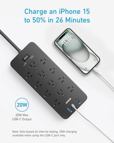 Surge Protector Power Strip (2100J), Anker 12 Outlets with 1 USB C and 2 USB Ports foriPhone 15/15 Plus/15 Pro/15 Pro Max, 5ft Extension Cord, Flat Plug, 20W USB C Charging for Home, Office,TUV Listed