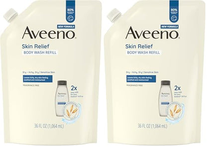 Aveeno Skin Relief Fragrance-Free Body Wash Refill with Oat to Soothe Itchy, Dry Skin, Gentle, Formulated without Soaps, Dyes, Parabens, Phthalates & Alcohol, for Sensitive Skin, 36 fl. oz (Pack of 2)