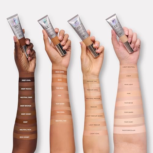 IT Cosmetics CC+ Cream - Full-Coverage Foundation With SPF 50, Color Corrector & Anti-Aging Serum, Formulated With Niacinamide & Hyaluronic Acid, Natural Finish, For All Skin Types, 1.08 fl oz