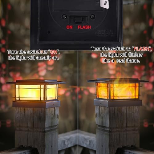 Dynaming 8 Pack Solar Post Cap Lights Outdoor with Flickering Flame Light, Fence Post Solar Lights Fit for 4x4 5x5 6x6 Vinyl/Wooden Posts, High Brightness SMD LED Lighting Decor for Garden Deck Patio