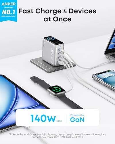 Anker Laptop Charger, 140W MAX USB C Charger, 4-Port Multi-Device Fast Charging, Advanced GaN Power Adapter, Intuitive Touch Controls, for MacBook, iPhone 16 Series, Samsung Galaxy, Pixel, and More