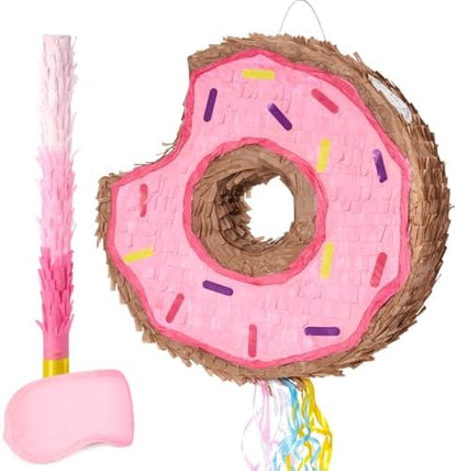 WERNNSAI Donut Piñata - Pink Donut Pinata with String Birthday Partyn Decorations Piñata with Stick Blindfold for Girls Kids Dount Pull String Pinata Family Games Birthday Party Supplies