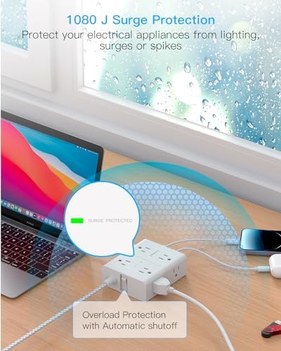 Surge Protector Power Strip 15 Ft Cord, Ultra Thin Flat Extension Cord with 8 Outlets 4 USB Ports(2 USB C), Flat Plug Power Strip, 15 Ft Long Braided Power Cord for Home, Office, Dorm Room Essentials