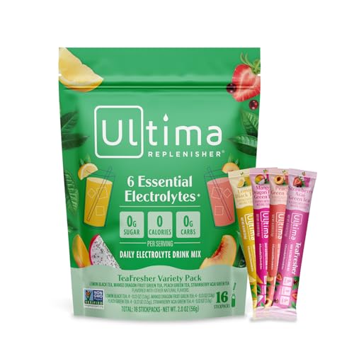 Ultima Replenisher TeaFresher Daily Electrolytes Powder and Instant Tea Mix – Sugar Free – Variety Pack, 16 Stickpacks - Hydration Packets with 4 Fruit and Tea Fusions, 6 Key Electrolytes