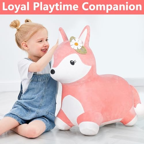 iPlay, iLearn Bouncy Pals Hopping Fox Horse, Toddler Girl Inflatable Bouncing Animal Hopper Toy, Outdoor Indoor Plush Ride on Bouncer, Baby Birthday Gift 18 Month 2 3 4 Year Old Kid - Fox