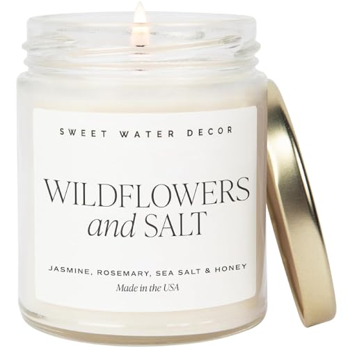Sweet Water Decor Wildflowers and Salt Soy Candle - Lemon, Rosemary, Leafy Green and Jasmine Spring Candles for Home - 9oz Clear Jar + Gold Lid, 40+ Hour Burn Time, Made in The USA
