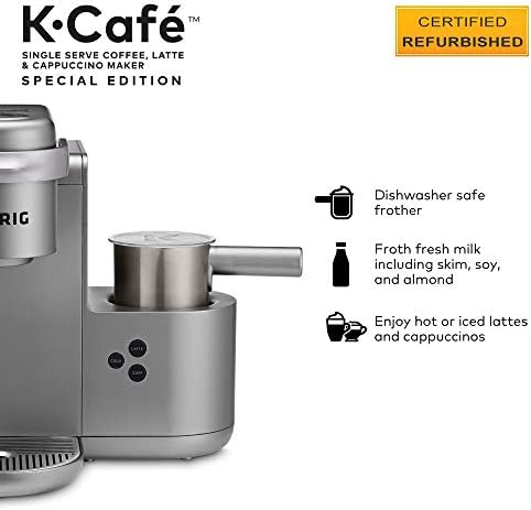 Keurig K-Cafe Special Edition Coffee Maker, Single Serve K-Cup Pod Coffee, Latte and Cappuccino Maker, Comes with Dishwasher Safe Milk Frother, Coffee Shot Capability, Nickel (Renewed)
