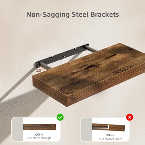 QEEIG Bathroom Floating Shelves for Wall Mounted Shelf Over Toilet Farmhouse Home Decor Display Shelving Small 16 inch Set of 2, Rustic Brown (008-40BN)