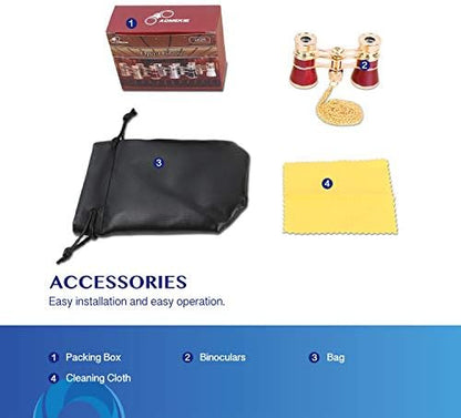Aomekie Opera Glasses Binoculars 3X25 Theater Glasses Mini Binocular Compact with Chain for Adults Women in Musical Concert（Red）