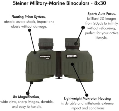 Steiner Military-Marine Series Binoculars, Lightweight Tactical Precision Optics for Any Situation, Waterproof, Green, 8x30