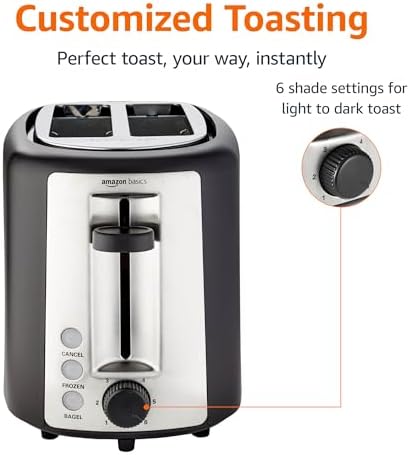 Amazon Basics 2 Slice Toaster, With 6 Browning Settings, Extra Wide Slots For Bagels and Special Breads, Removable Easy-to-Clean Crumb Tray, Cancel/Defrost/Bagel Buttons, 900W, Black & Silver