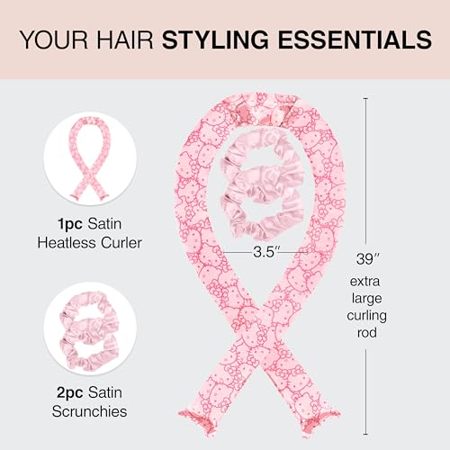 Hello Kitty x Kitsch Satin Heatless Hair Curler Set - Heatless Curls Overnight, Hair Rollers for Soft Curls & Frizz-Free Styling, No Heat Curlers To Sleep in, Curling Rod Headband - Pink Kitty Faces