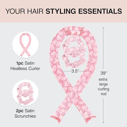 Hello Kitty x Kitsch Satin Heatless Hair Curler Set - Heatless Curls Overnight, Hair Rollers for Soft Curls & Frizz-Free Styling, No Heat Curlers To Sleep in, Curling Rod Headband - Pink Kitty Faces