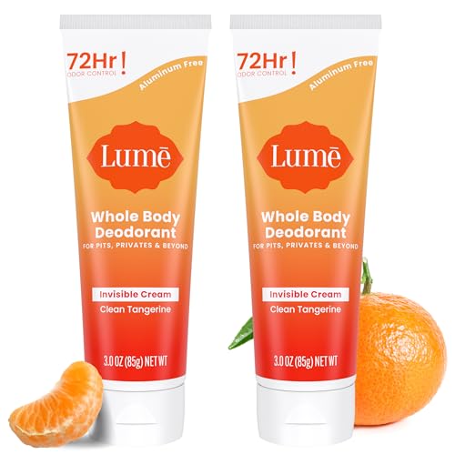 Lume Whole Body Deodorant - Invisible Cream Tube - 72 Hour Odor Control - Aluminum Free, Baking Soda Free, Skin Safe - 3.0 ounce (Pack of 2) (Clean Tangerine)