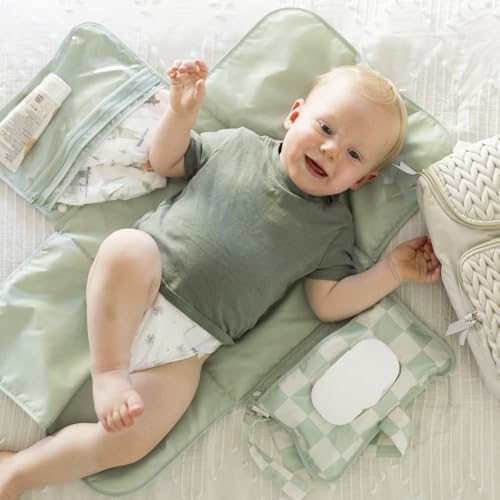 Tiny Twinkle Portable Diaper Changing Pad-Foldable Waterproof Changing Mat&Portable Changing Pad for Travel,Baby Changing Station with Smart Wipes Pocket&Storage (Sage Checkers)