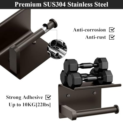 Tindbea Toilet Paper Holder with Phone Shelf, Adhesive or Screw Wall Mount Toilet Tissue Roll Holder, Rustproof & Multifunctional Stainless Steel Bathroom Storage Dispenser (Bronze)