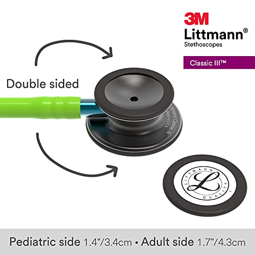 3M Littmann Classic III Monitoring Stethoscope, 5875, More Than 2X as Loud, Weighs Less, Stainless Steel Smoke-Finish Chestpiece, 27" Lime Green Tube, Blue Stem, and Smoke Headset