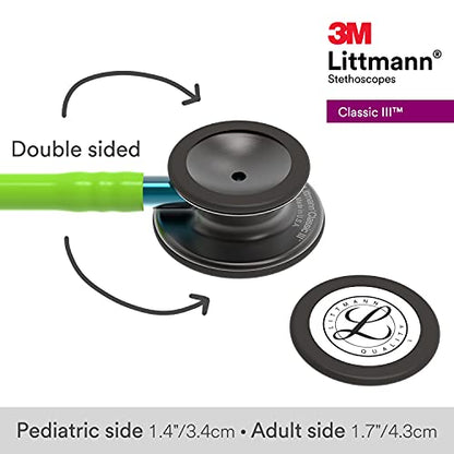 3M Littmann Classic III Monitoring Stethoscope, 5875, More Than 2X as Loud, Weighs Less, Stainless Steel Smoke-Finish Chestpiece, 27" Lime Green Tube, Blue Stem, and Smoke Headset