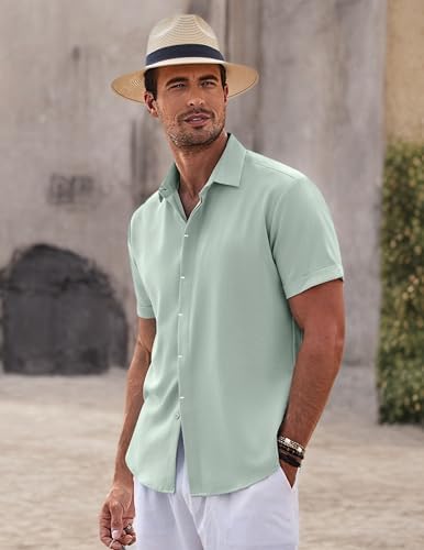 COOFANDY Men's Linen Shirts Short Sleeve Casual Shirts Button Down Shirt for Men Beach Summer Wedding Shirt