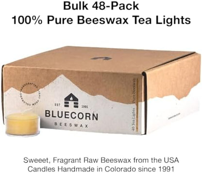 Bluecorn 100% Pure Beeswax Tealight Candles | Natural Beeswax, Yellow Tea Light | Long Burn (4-5 Hours) | Soy, Paraffin, & Fragrance Free, Bulk 48-Pack