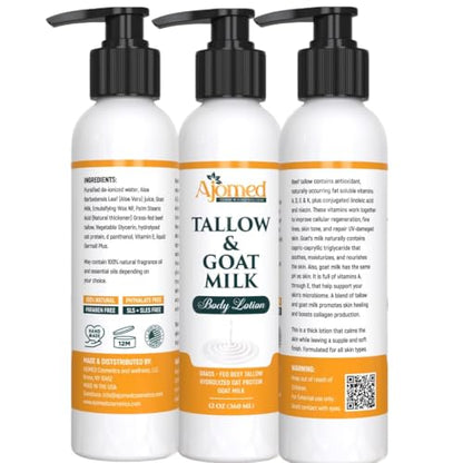 Grass Fed Beef Tallow & Goat Milk Body Lotion for Sensitive Skin, Organic Tallow Lotion - Soothes Dry Patches, Goat Milk Moisturizer - Handmade Tallow Body Lotion (Lavender Vanilla, 8 Oz)