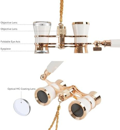 3X25 Opera Glasses for Women with Adjustable Handle & Chain,BK7 Optical Lens, Vintage Compact Mini Theater Binoculars Adults Kids in Opera Musical Concert-White