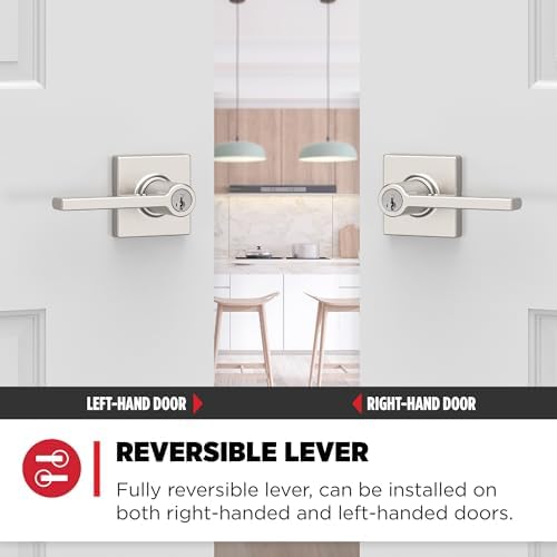 Kwikset Casey Entry Door Handle with Lock and Key, Secure Keyed Reversible Lever Exterior, For Front Entrance and Bedrooms, Satin Nickel , Pick Resistant Smartkey Rekey Security and Microban