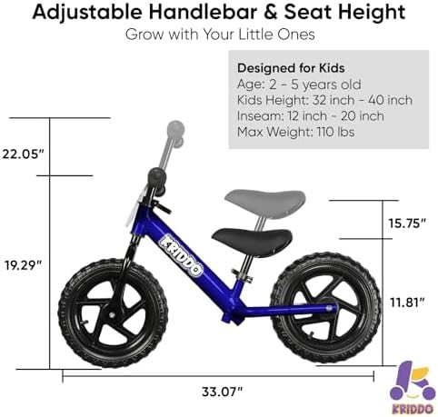 KRIDDO Toddler Balance Bike 2 Year Old, Age 18 Months to 5 Years Old, 12 Inch Push Bicycle with Customize Plate (3 Sets of Stickers Included), Steady Balancing, Gift Bike for 2-3 Boys Girls, Blue