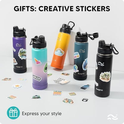 [2-IN-1 LID] Insulated Water Bottle with Silicone Boot (36hrs Cold/18hrs Hot) - DIY Stickers, Leakproof, BPA Free, Black, 24 oz